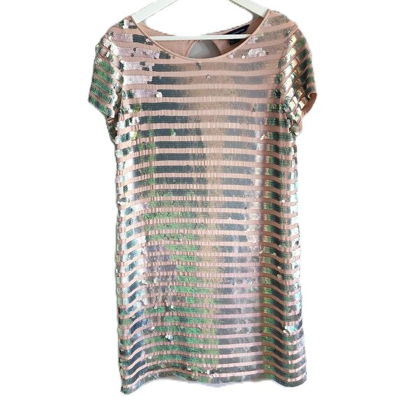 French Connection blush pink sequin stripe Fast Eden Cupid Dress - Picture 2 of 11